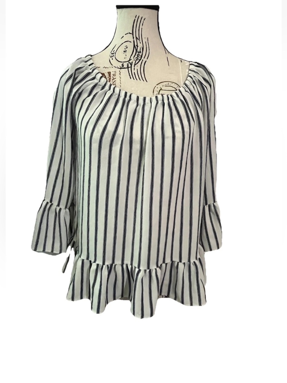 Moa Moa Brand Women's Stripe Peasant Top 3/4 Bell Sleeves Crepe Blouse. Blue.